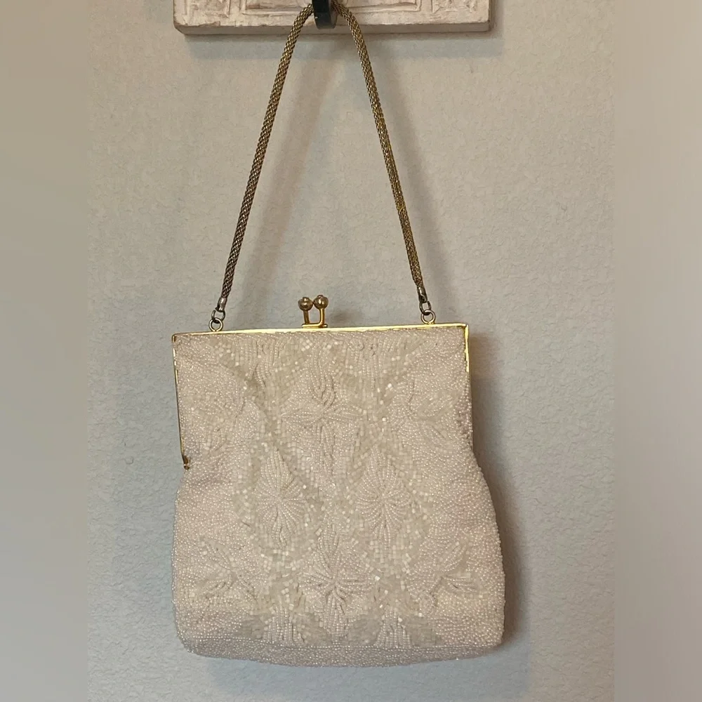 Evening Bag with Gold Frame Vintage Hand Made In Hong Kong Beaded Purse As Is